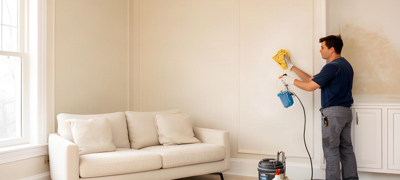Cleaning professional removing fine dust from a bright renovated Pennsylvania living room